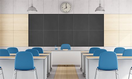 Modern classroom with blue chair and large balckboard without student - 3D Rendering Stock Photo - Budget Royalty-Free & Subscription, Code: 400-07920052