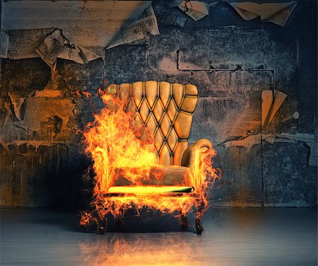 burning armchair in the grunge interior. 3D illustration creative concept Foto de stock - Super Valor sin royalties y Suscripción, Código: 400-07920764