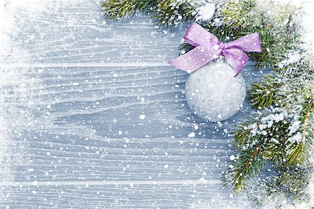 Christmas wooden background with snow fir tree, decor and copy space Stock Photo - Budget Royalty-Free & Subscription, Code: 400-07921383