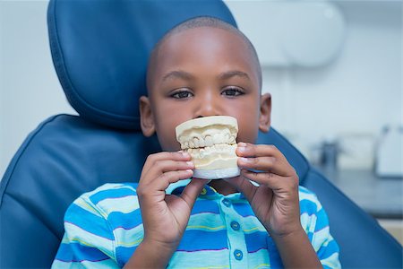 Portrait of smiling young boy holding mouth model in the dentists chair Stock Photo - Budget Royalty-Free & Subscription, Code: 400-07939065