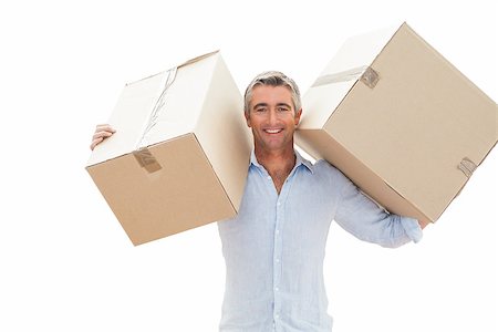 simsearch:400-07930718,k - Happy man carrying cardboard boxes on white background Stock Photo - Budget Royalty-Free & Subscription, Code: 400-07930718