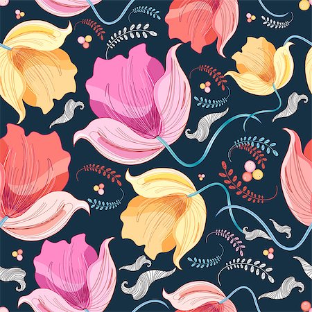 simsearch:400-06929001,k - bright colorful floral pattern on a dark blue background Stock Photo - Budget Royalty-Free & Subscription, Code: 400-07932636
