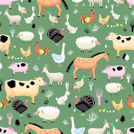 Seamless graphic pattern of farm animals on a green background Stock Photo - Budget Royalty-Free & Subscription, Code: 400-07933176