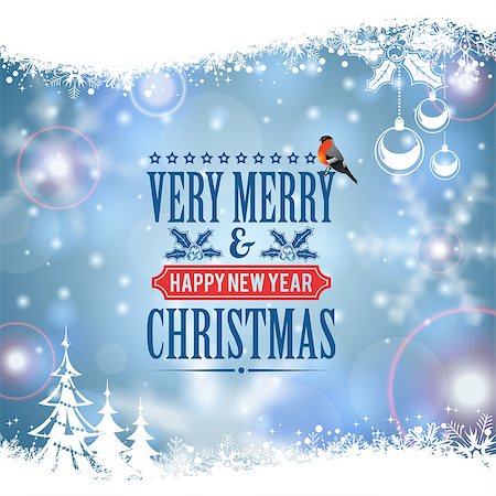 Christmas Frame with Retro Label, Tree, Bullfinch, Bauble and Snowflake on Blurred Bokeh Background. Vector Template for Flyers and Brochure. Stock Photo - Budget Royalty-Free & Subscription, Code: 400-07933206