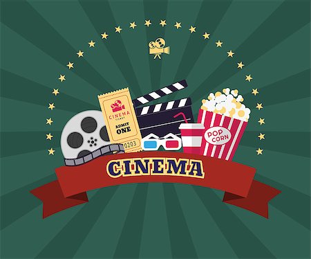 Collection of cinema industry symbols. Pop corn, 3d glasses, ticket, film Stock Photo - Budget Royalty-Free & Subscription, Code: 400-07954646