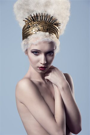 cute creative beauty portrait of sensual naked woman with bizarre hairdo and golden accessories on the head. Stylish make-up Stock Photo - Budget Royalty-Free & Subscription, Code: 400-07954998