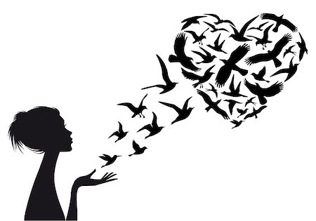 Heart shaped  flying birds with woman silhouette, vector illustration Foto de stock - Super Valor sin royalties y Suscripción, Código: 400-07958132