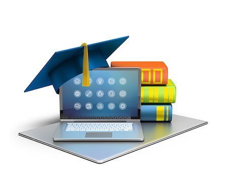 3d image. Laptop, hat and books. The concept of computer education. Isolated white background. Stock Photo - Budget Royalty-Free & Subscription, Code: 400-07951296