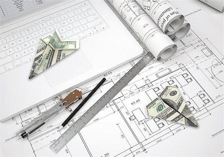 shadow plane - Paper airplanes of dollars lying on laptop keyboard and architectural drawings. Tools are close by. Concept of building business Stock Photo - Budget Royalty-Free & Subscription, Code: 400-07951449