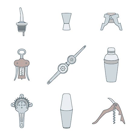 pourer - vector colored outline barman equipment icons set tools pour spout, jigger, plug, winged corkscrew, wine opener, squeezer, shaker, cocktail strainer Stock Photo - Budget Royalty-Free & Subscription, Code: 400-07976292