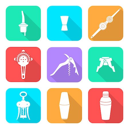 pourer - vector white flat design barman equipment icons set tools pour spout, jigger, plug, winged corkscrew, wine opener, squeezer, shaker, cocktail strainer with shadows Stock Photo - Budget Royalty-Free & Subscription, Code: 400-07976293