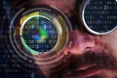 security identification - Futuristic modern cyber man with technology screen goggles - hacking concept Stock Photo - Budget Royalty-Free & Subscription, Code: 400-07978235