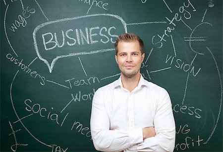 Young business man standing in front of a blackboard with a business plan Stock Photo - Budget Royalty-Free & Subscription, Code: 400-07971404