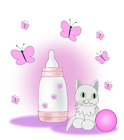 simsearch:400-06751007,k - A baby bottle, a ball and a little pussycat surrounded by pink butterflies. Stock Photo - Budget Royalty-Free & Subscription, Code: 400-07973954