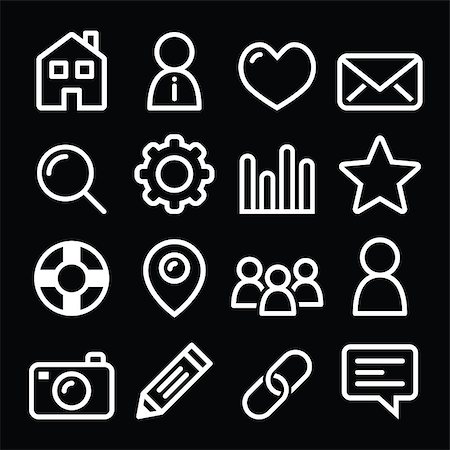 favorite - Modern stroke white icons for web navigation isolated on black Stock Photo - Budget Royalty-Free & Subscription, Code: 400-07984554