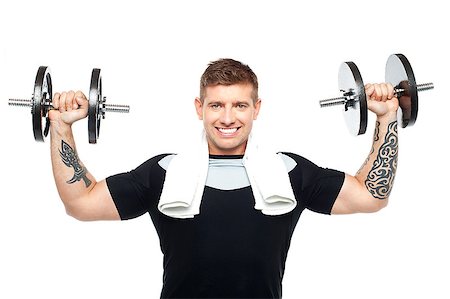 simsearch:400-06859193,k - Half length portrait of young bodybuilder exercising. Toning his biceps Stock Photo - Budget Royalty-Free & Subscription, Code: 400-07988607