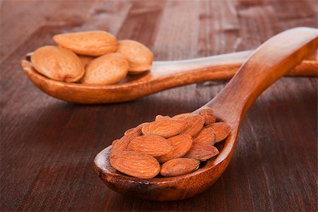 simsearch:400-04824992,k - Almond nuts and kernels on wooden spoon on wooden background. Culinary nuts concept. Stock Photo - Budget Royalty-Free & Subscription, Code: 400-07994442