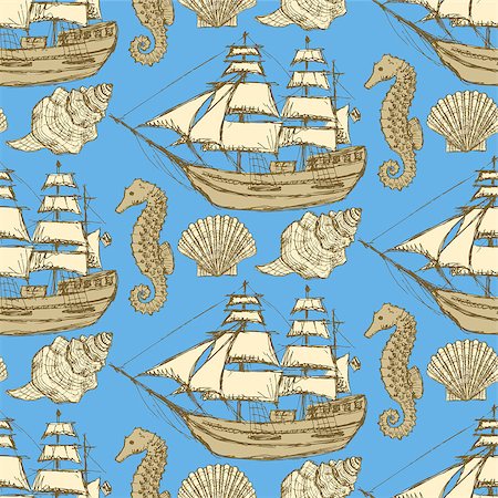 Sketch sea in vintage style, vector seamless pattern Stock Photo - Budget Royalty-Free & Subscription, Code: 400-08014213