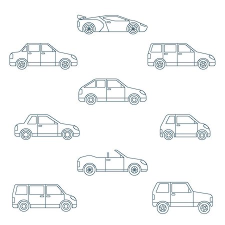 vector dark outline various body types of cars classification icons set sedan saloon hatchback station wagon coupe cabriolet microcar compact supercar sportcar off-road crossover minivan camper minibus Stock Photo - Budget Royalty-Free & Subscription, Code: 400-08015019