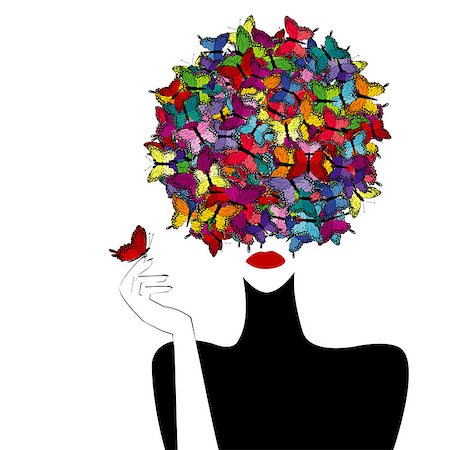 Stylized woman wiith colored butterflies on her head Stock Photo - Budget Royalty-Free & Subscription, Code: 400-08015186