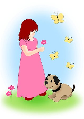 A little girl picking flowers in a meadow, a little dog and some blue butterflies. Stock Photo - Budget Royalty-Free & Subscription, Code: 400-08016995