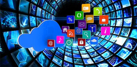 Cloud with apps against vortex of digital screens in blue Stock Photo - Budget Royalty-Free & Subscription, Code: 400-08019332