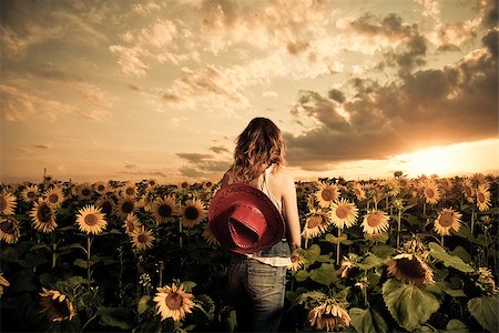 young redhead woman looking at sunset at sunflowers field Stock Photo - Budget Royalty-Free & Subscription, Code: 400-08012184