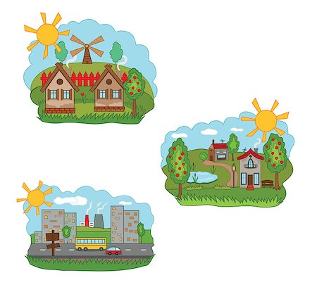 Vector illustration of a village and city Stock Photo - Budget Royalty-Free & Subscription, Code: 400-08012425