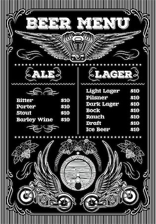 template for the beer menu on a black background with motorcycles and wings Stock Photo - Budget Royalty-Free & Subscription, Code: 400-08012942