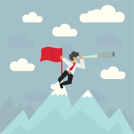 Businessman with red flag on top of the mountain looking through a spyglass, vector illustration Stock Photo - Budget Royalty-Free & Subscription, Code: 400-08013827