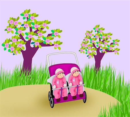sweet baby cartoon - Twins sisters sleeping in stroller in the garden. Stock Photo - Budget Royalty-Free & Subscription, Code: 400-08022329