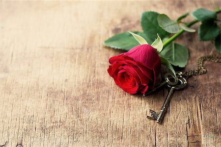 simsearch:400-08034169,k - Scarlet rose and keys on a wooden background Stock Photo - Budget Royalty-Free & Subscription, Code: 400-08034160