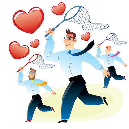 office workers men in search of love caught red heart butterfly net for butterflies Stock Photo - Budget Royalty-Free & Subscription, Code: 400-08035621