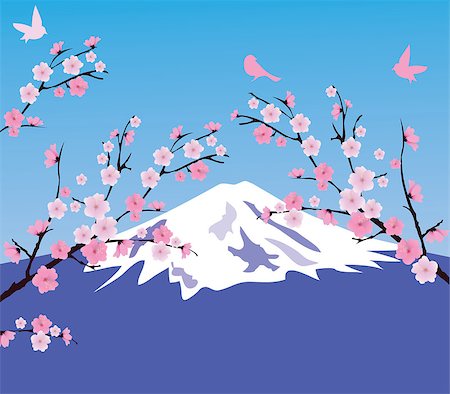 simsearch:400-04882926,k - vector chery blossom with birds and mountain background Stock Photo - Budget Royalty-Free & Subscription, Code: 400-08037099