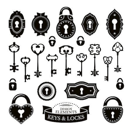 Set of different vintage keys, keyholes and locks, vector illustration Stock Photo - Budget Royalty-Free & Subscription, Code: 400-08037742
