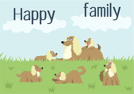 simsearch:400-08189024,k - Happy family card with fluffy dog and her puppies with long flowing hair in a meadow, cute vector illustration of dog family, family idyll Photographie de stock - Aubaine LD & Abonnement, Code: 400-08038034