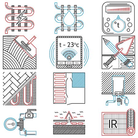 Set of flat line red, black and blue color vector icons for underfloor heating service on white background. Stock Photo - Budget Royalty-Free & Subscription, Code: 400-08038194