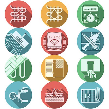 Set of flat circle colored vector icons with white silhouette elements for underfloor heating service on white background with long shadow. Stock Photo - Budget Royalty-Free & Subscription, Code: 400-08038196