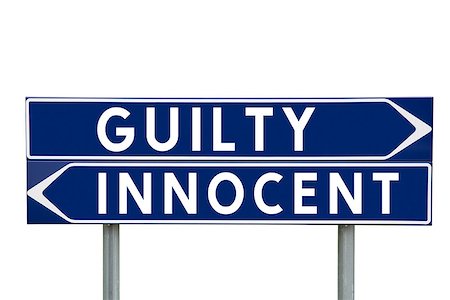 simsearch:400-05730469,k - Blue Direction Signs with choice between Guilty or Innocent isolated on white background Stock Photo - Budget Royalty-Free & Subscription, Code: 400-08033808