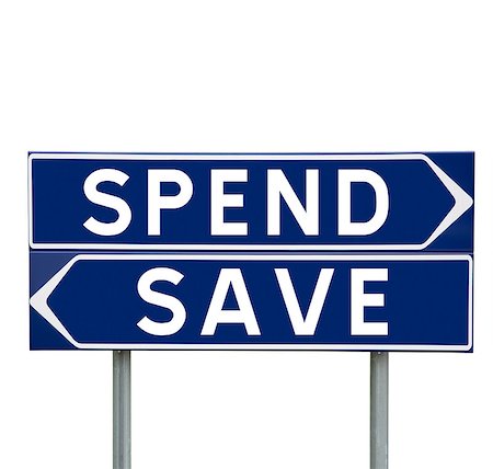 simsearch:400-05730469,k - Blue Direction Signs with choice between Spend or Save isolated on white background Stock Photo - Budget Royalty-Free & Subscription, Code: 400-08033820
