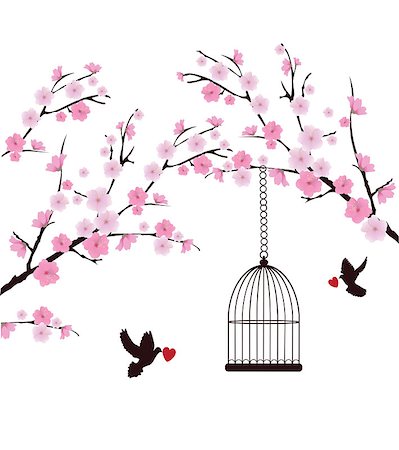 simsearch:400-04882926,k - vector cherry blossom branches with doves, hearts and cage Stock Photo - Budget Royalty-Free & Subscription, Code: 400-08033989