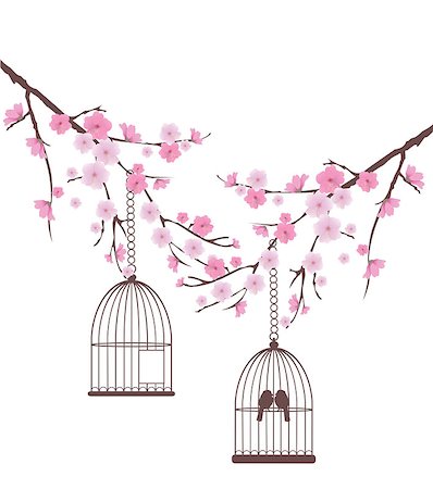 simsearch:400-04882926,k - vector cherry blossom branches with birds in a cage Stock Photo - Budget Royalty-Free & Subscription, Code: 400-08033980