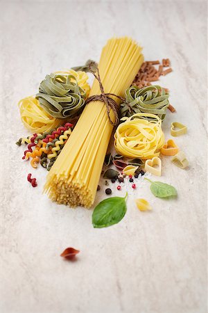 dirty kitchen in a restaurant - Assortment of italian pasta, with spices on the light surface Stock Photo - Budget Royalty-Free & Subscription, Code: 400-08046874