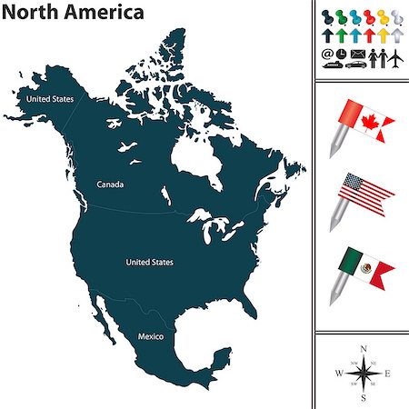 Vector map of North America with flags and location on world map Stock Photo - Budget Royalty-Free & Subscription, Code: 400-08047086