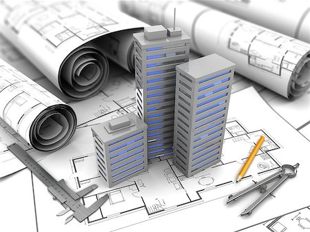 simsearch:400-06424061,k - abstract 3d illustration of city buildings over blueprints Stock Photo - Budget Royalty-Free & Subscription, Code: 400-08047169