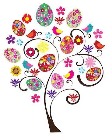 vector Easter tree with floral eggs, birds, flowers Photographie de stock - Aubaine LD & Abonnement, Code: 400-08047401