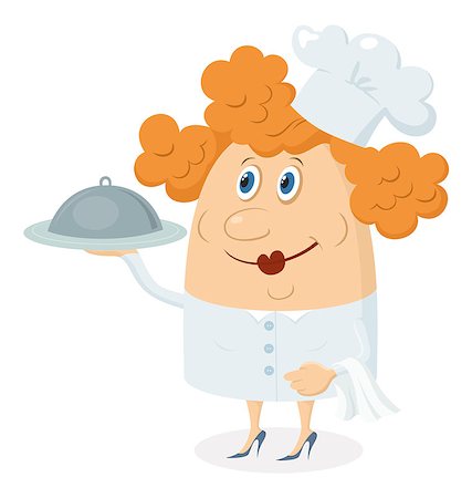 food specialist - Cook woman, cartoon chef with closed salver, toque and white towel, isolated over a white background. Vector Stock Photo - Budget Royalty-Free & Subscription, Code: 400-08049448