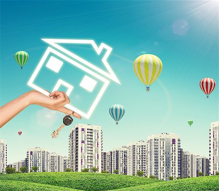 finger holding a key - Female hand holding icon house and keys. Green hills with high-rise buildings and sky with air balloons in background Stock Photo - Budget Royalty-Free & Subscription, Code: 400-08040731