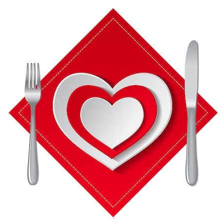 White and red empty plates in heart shape with fork and knife on a white background. Vector illustration. Stock Photo - Budget Royalty-Free & Subscription, Code: 400-08050820