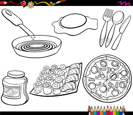 simsearch:400-06076985,k - Coloring Book Cartoon Illustration of Kitchen and Food Objects Clip Arts Set Stock Photo - Budget Royalty-Free & Subscription, Code: 400-08051757